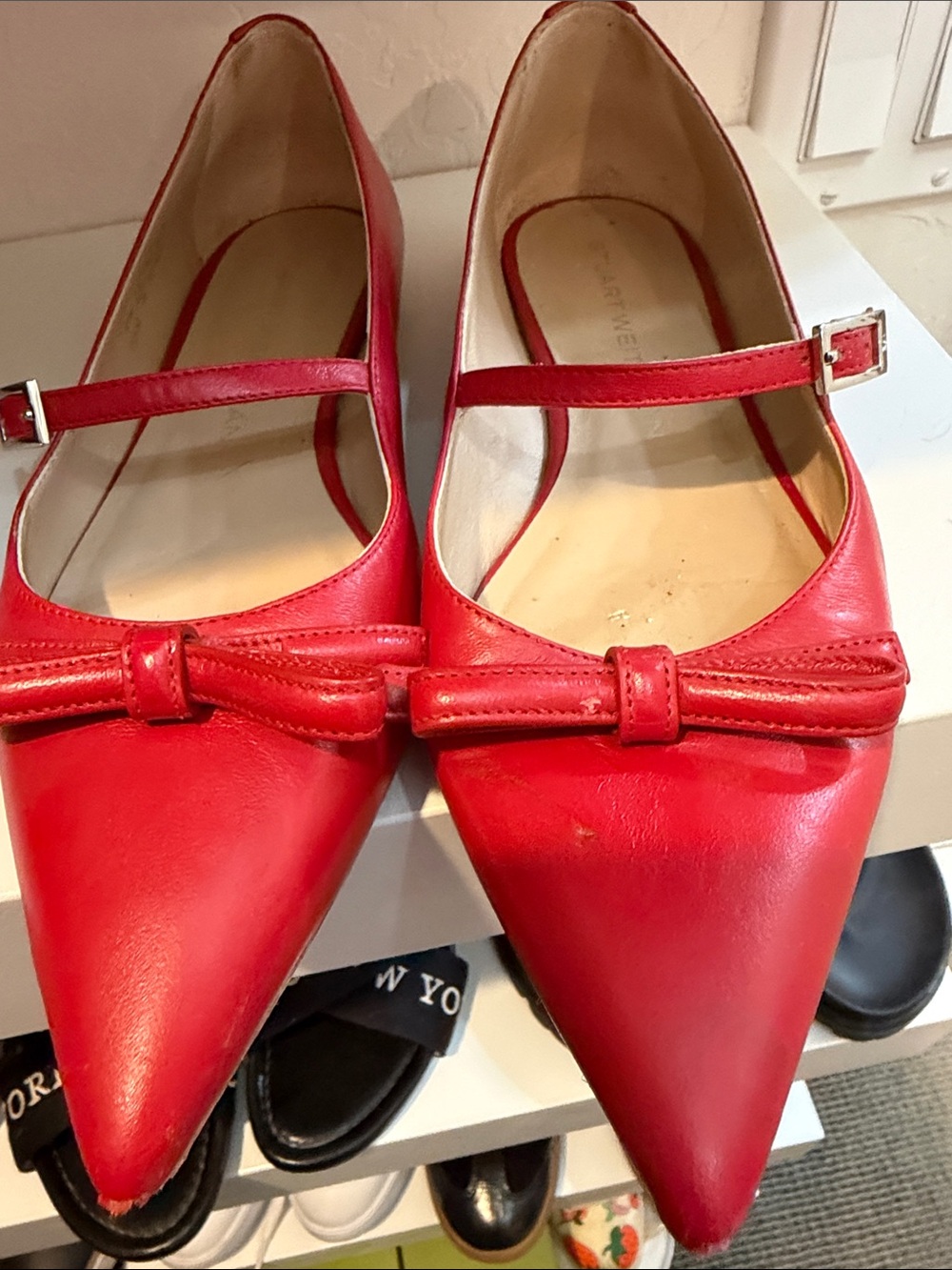 Red Pointed Mary Jane Flats with Bow Stuart Weitzman